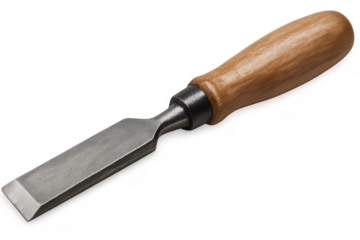 Wood chisel with wooden handle lying isolated on transparent background, ready for woodworking and carpentry