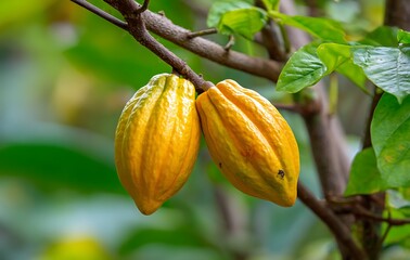 Two yellow cacao pods hanging from the tree