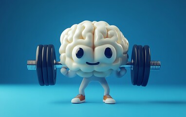 Cute cartoon brain lifting weights.  Concept of brain health, intelligence, and cognitive fitness.