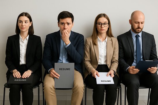 Nervous job applicants anxiously waiting in line for an interview, holding resumes, showcasing different emotions in a corporate setting