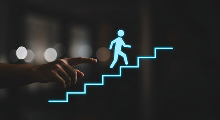 Hand pointig on hologram character climbs growth arrow chart, symbolizing steps of progress / success / achievement 7