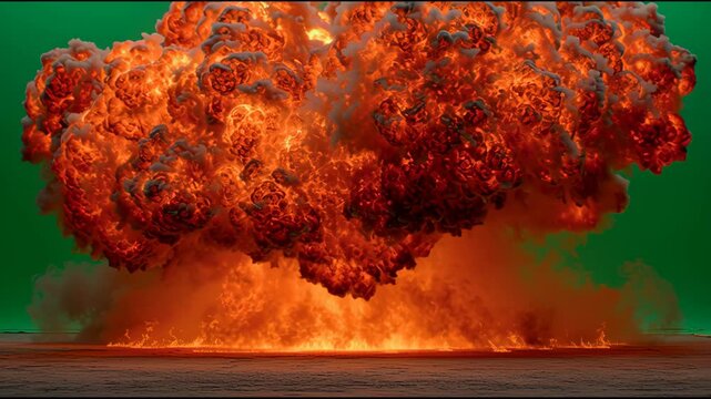 Fiery explosion with thick smoke and intense flames erupts on desert ground with dramatic blast and green screen background