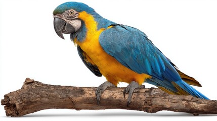 Fototapeta premium Vibrant blue and yellow parrot perched on a wooden branch against a white background, showcasing its colorful plumage and curious expression.