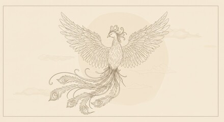 Fototapeta premium Delicate Line Drawing of a Phoenix Rising with Botanical Wings and Ink Textures