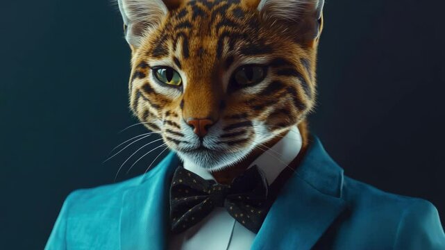 A tiger cat dressed in a suit with accessories like a bow tie and a jacket, creating an amusing blend of human fashion on the animal.