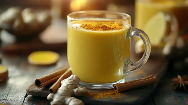 A cup of tea with a yellow liquid and a cinnamon stick. The cup is on a wooden table