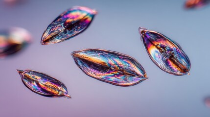 Close-up of colorful birefringent crystals under polarized light, showcasing vibrant hues and intricate patterns on a soft, blurred background.