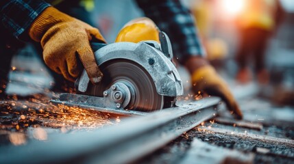 Worker using a circular saw to cut metal, creating sparks in an industrial setting with protective gloves and gear.