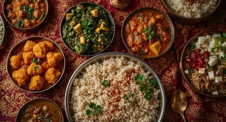 Overhead view of assorted indian dishes including rice curries and vegetables on a patterned tablecloth