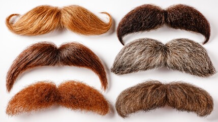 A collection of six diverse, realistic fake mustaches in various colors and styles, arranged in two rows on a white background.
