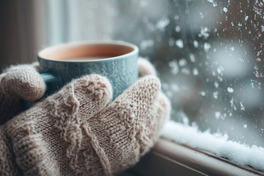 Enjoying a warm cup of tea while watching snowfall through the window cozy home setting serene atmosphere