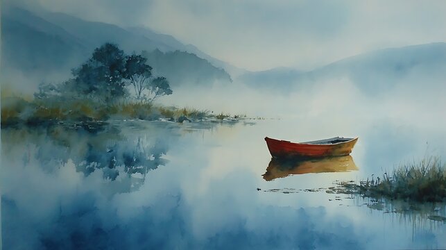 Serene red boat adrift on misty lake with distant mountains