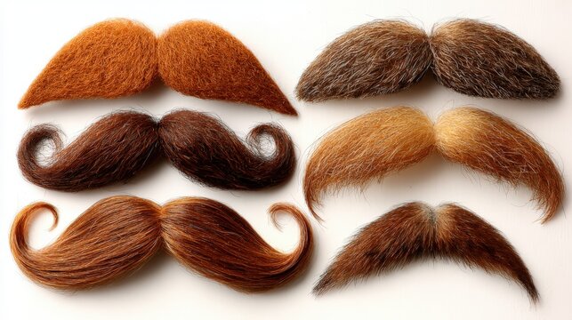 A collection of six different styles and colors of fake mustaches arranged on a white background, showcasing variety in texture and design.