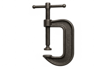 Open metal c-clamp isolated on transparent background, ready for compositing into projects needing a clamping element
