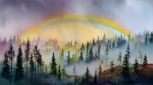 Misty forest landscape with a vibrant rainbow arching overhead