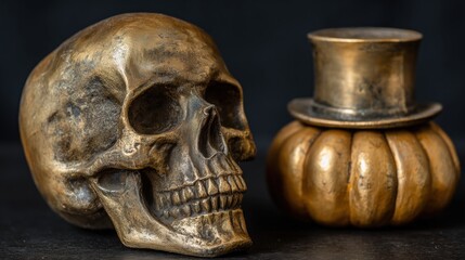 A bronze-colored skull and a pumpkin with a top hat create an eerie, vintage Halloween scene against a dark background.