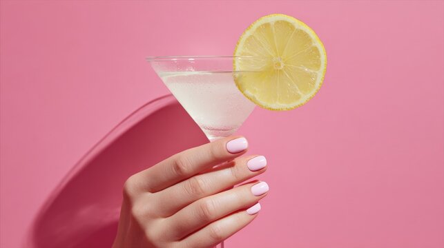 Hand holding a martini glass with a lemon slice on a vibrant pink background, showcasing elegance and freshness.