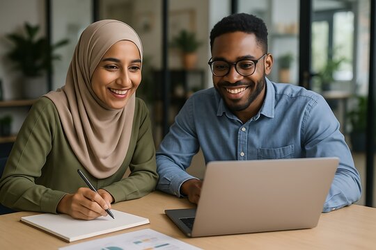 Happy diverse business team working together on a laptop, analyzing graphs and data, showcasing global teamwork and collaboration - Powered by Adobe