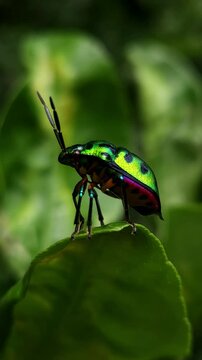 Extreme Close-up Macro Vertical Footage Of An Beautiful brilliantly colored jewel beetle on on edge of a leaf with a blurred background. Jewel bug (Chrysocoris stollii) is a common bug.