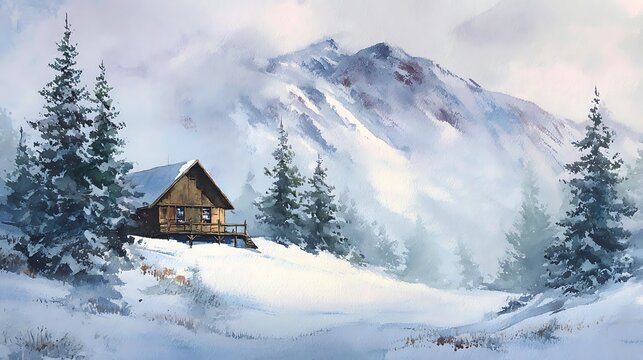 Cozy wooden cabin nestled amongst snowy pine trees with majestic mountains - Powered by Adobe