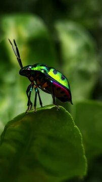 Extreme Close-up Macro Vertical Footage Of An Beautiful brilliantly colored jewel beetle on on edge of a leaf with a blurred background. Jewel bug (Chrysocoris stollii) is a common bug.