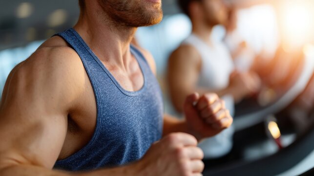 Close-up of a man running on a treadmill in a gym, wearing a blue tank top, with another person blurred in the background. - Powered by Adobe