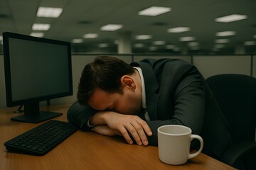 Tired Businessman Sleeping on Desk in Office Cubicle Overworked Concept