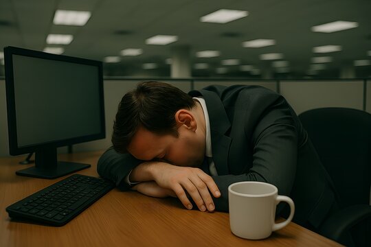 Tired Businessman Sleeping on Desk in Office Cubicle Overworked Concept - Powered by Adobe