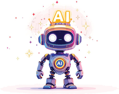 Adorable cartoon robot ai character wearing a crown representing artificial intelligence technology.