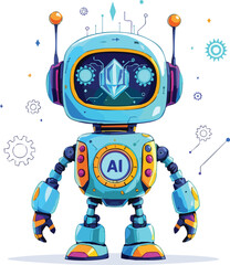 Cute colorful cartoon illustration of an artificial intelligence robot on a white background.