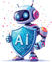 Cute robot with ai shield represents artificial intelligence and data protection concept.