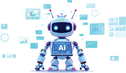 Futuristic cartoon robot character surrounded by data charts and artificial intelligence symbols.
