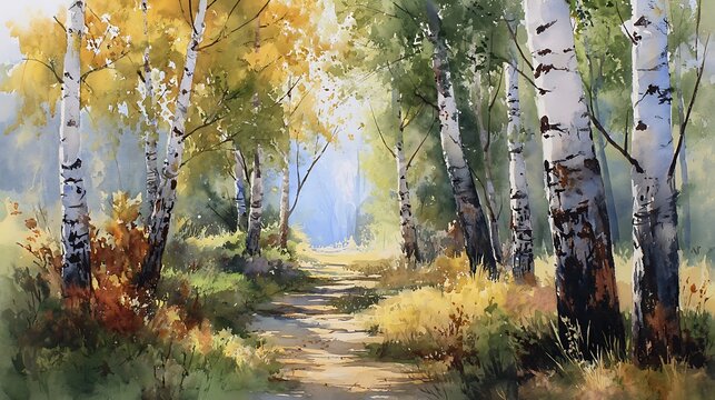 Sunlit birch forest path in autumn with golden and green foliage