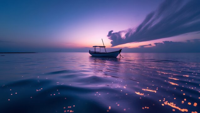 Boat resting on calm sea at dusk with colorful sky