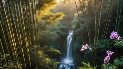 Waterfall in Bamboo Forest with Pink Orchids and Tropical Plants