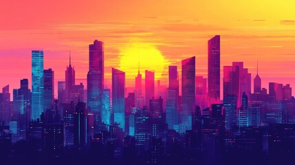 Fototapeta premium The stock photo shows a detailed vector illustration of a city skyline dominated by numerous skyscrapers.