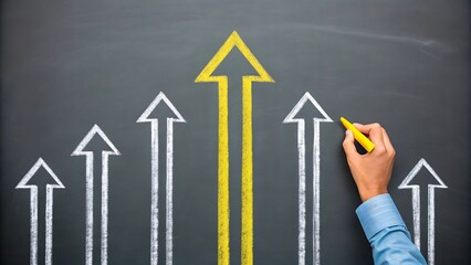 Hand drawing a bright yellow arrow leading the way on a chalkboard with white arrows