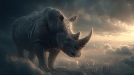 Fototapeta premium A huge rhino looming over a city, stormy sky, dramatic shadows, hyper-realistic textures