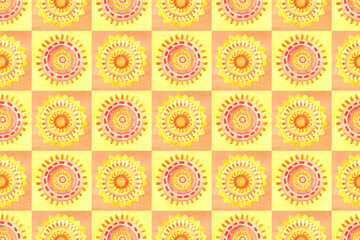 Seamless patchwork pattern with watercolor suns. Summer watercolor background.