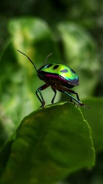 Extreme Close-up Macro Vertical Footage Of An Beautiful brilliantly colored jewel beetle on on edge of a leaf with a blurred background. Jewel bug (Chrysocoris stollii) is a common bug.