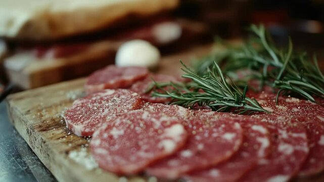 Close-up of sliced salami on wooden cutting board, with whole sausages in the background, suggesting preparation or serving of fresh, high-quality meats.
