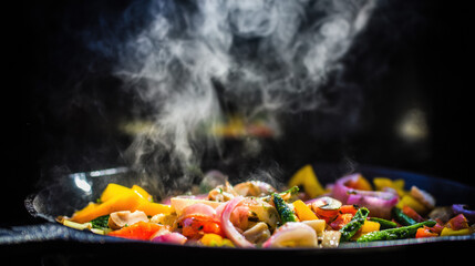 Fresh vegetables sizzling in a cast iron pan, steam rising under soft kitchen lighting.