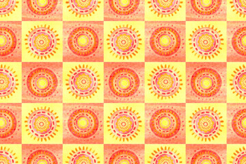 Seamless patchwork pattern with watercolor suns. Summer watercolor background.