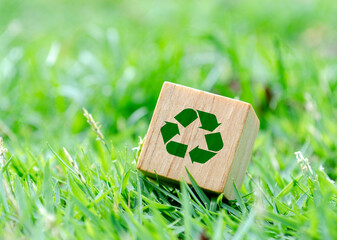 Wooden cube with recycle icon lying flat on grass. Recycling visual concept
