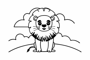 A cute cartoon lion sitting on a hill isolated on white background