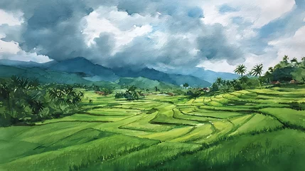 Fotobehang Rijstvelden Lush green terraced rice fields under dramatic cloudy skies  © Emongrapic