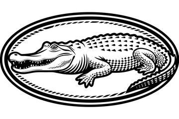 A black and white alligator is inside an oval frame