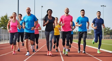 A group of diverse people are running on a red track outdoors, participating in a race or training session under a bright, sunny sky.