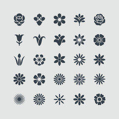 Collection of various dark gray flower icons isolated on white background