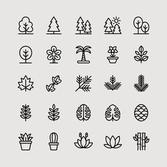 Collection of various plant and tree icons in a simple line art style isolated on white background